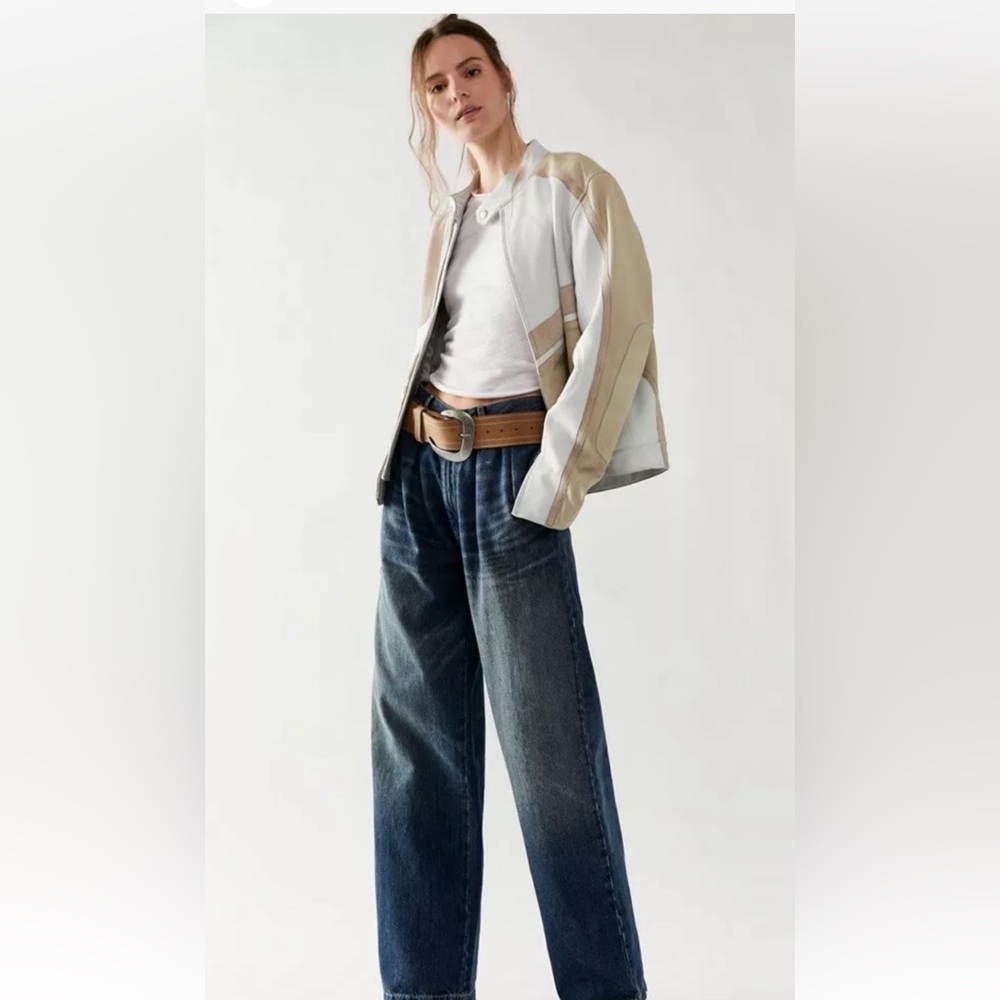 Free People Deadwood Hiro Jacket Recycled Leather Zip Cuffs Biege